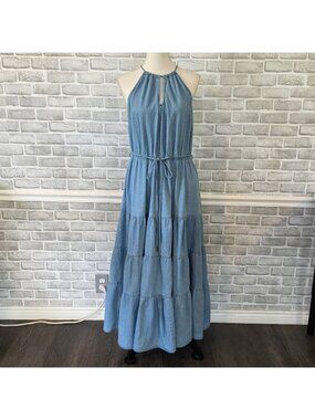 City Chic Denim Tiered Halter Maxi Dress S 16 Plus Size Western Coastal Boho